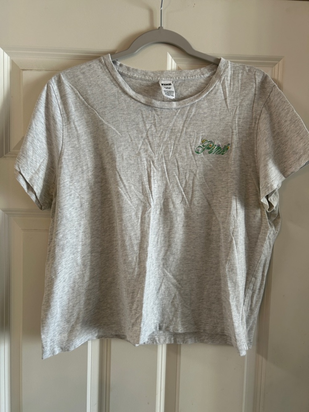 PINK Victorias Secret Gray Cropped T-Shirt with Embroidered Logo size XL…